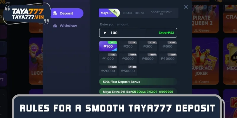 Taya777 payment methods screen with banking and digital wallet options