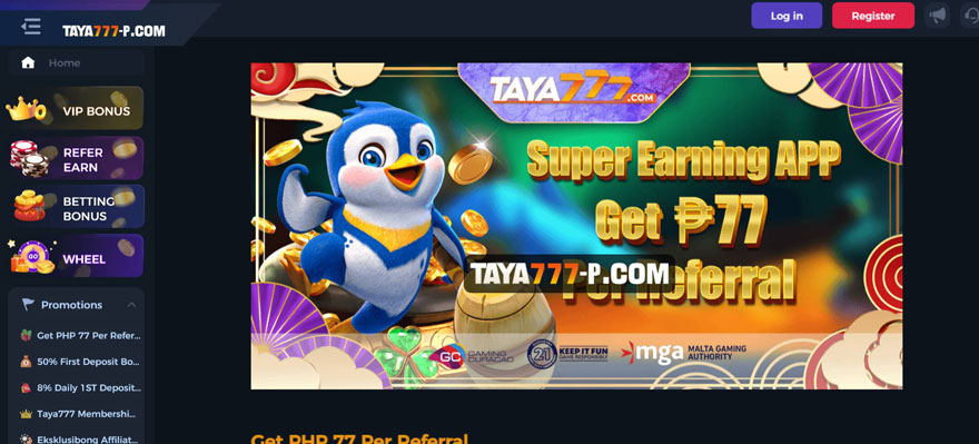 Taya777 casino promotion artwork showing orange bonus panels and purple fantasy styling